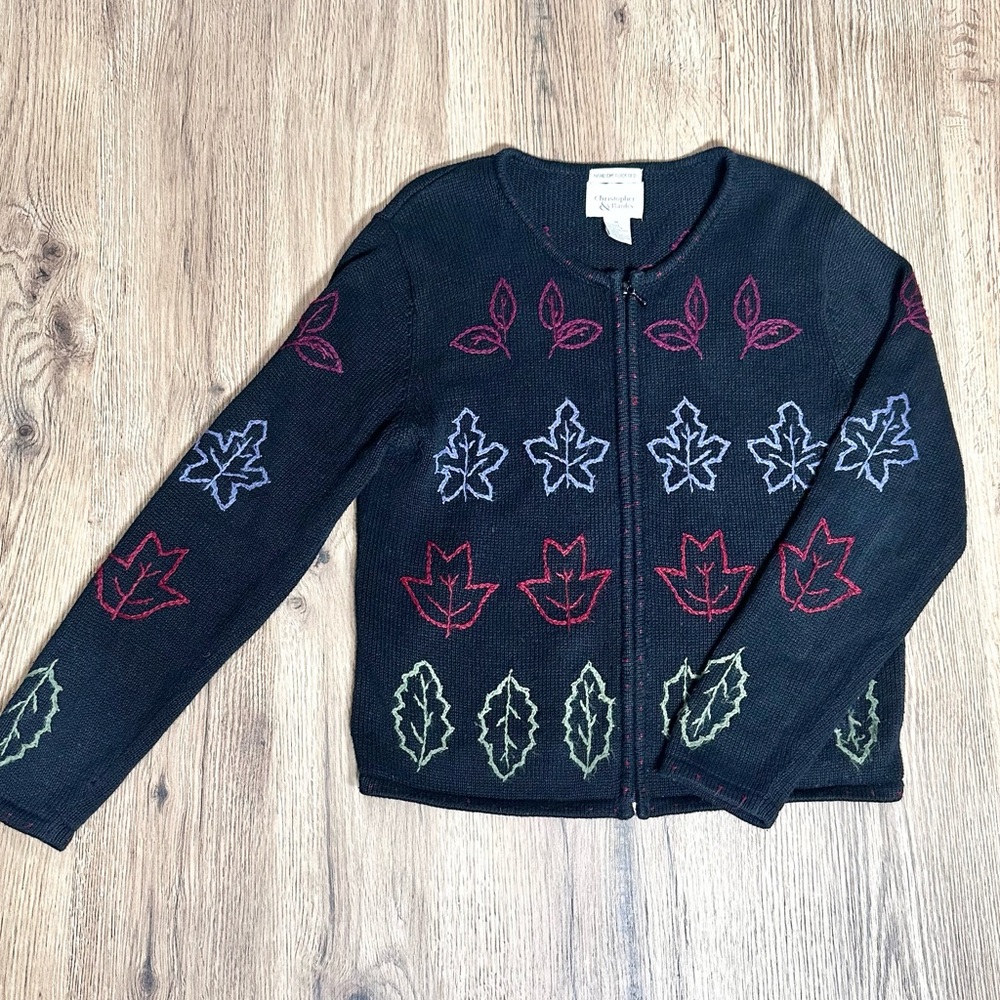 Christopher & Banks Sweater Navy Fall Leaves Zip Front Womens Size Medium
